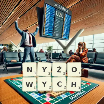 Kreatywna ilustracja do gry w Scrabble ze słowem NYŻOWYCH ułożonym z płytek na planszy.