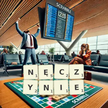 Kreatywna ilustracja do gry w Scrabble ze słowem NĘCZYNIE ułożonym z płytek na planszy.