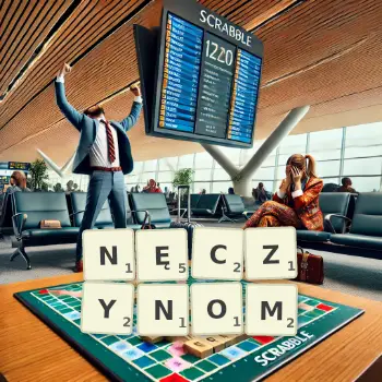 Kreatywna ilustracja do gry w Scrabble ze słowem NĘCZYNOM ułożonym z płytek na planszy.