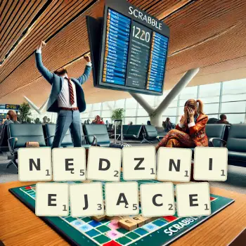 Kreatywna ilustracja do gry w Scrabble ze słowem NĘDZNIEJĄCE ułożonym z płytek na planszy.