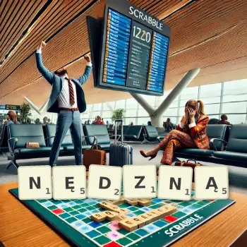 Kreatywna ilustracja do gry w Scrabble ze słowem NĘDZNĄ ułożonym z płytek na planszy.