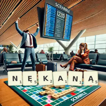 Kreatywna ilustracja do gry w Scrabble ze słowem NĘKANĄ ułożonym z płytek na planszy.