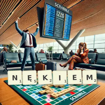 Kreatywna ilustracja do gry w Scrabble ze słowem NĘKIEM ułożonym z płytek na planszy.