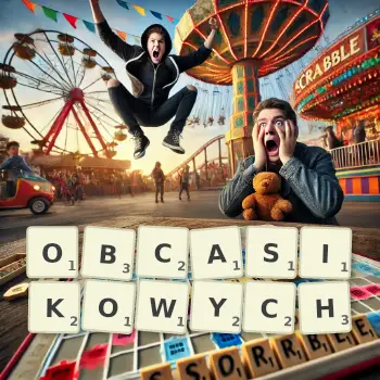 Kreatywna ilustracja do gry w Scrabble ze słowem OBCASIKOWYCH ułożonym z płytek na planszy.