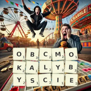 Kreatywna ilustracja do gry w Scrabble ze słowem OBCMOKALYBYSCIE ułożonym z płytek na planszy.