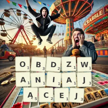 Kreatywna ilustracja do gry w Scrabble ze słowem OBDZWANIAJĄCEJ ułożonym z płytek na planszy.
