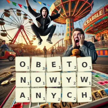 Kreatywna ilustracja do gry w Scrabble ze słowem OBETONOWYWANYCH ułożonym z płytek na planszy.