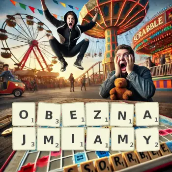 Kreatywna ilustracja do gry w Scrabble ze słowem OBEZNAJMIAMY ułożonym z płytek na planszy.