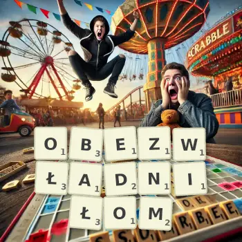 Kreatywna ilustracja do gry w Scrabble ze słowem OBEZWŁADNIŁOM ułożonym z płytek na planszy.
