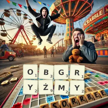 Kreatywna ilustracja do gry w Scrabble ze słowem OBGRYŹMY ułożonym z płytek na planszy.