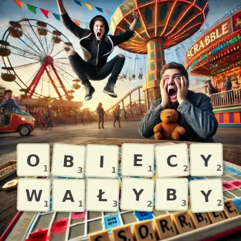 Kreatywna ilustracja do gry w Scrabble ze słowem OBIECYWAŁYBY ułożonym z płytek na planszy.