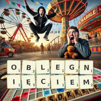 Kreatywna ilustracja do gry w Scrabble ze słowem OBLEGNIĘCIEM ułożonym z płytek na planszy.