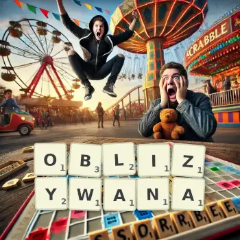 Kreatywna ilustracja do gry w Scrabble ze słowem OBLIZYWANA ułożonym z płytek na planszy.
