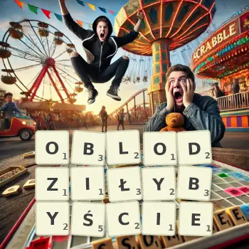 Kreatywna ilustracja do gry w Scrabble ze słowem OBLODZIŁYBYŚCIE ułożonym z płytek na planszy.