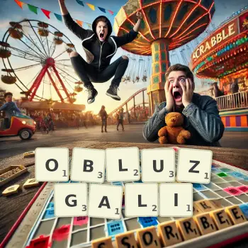 Kreatywna ilustracja do gry w Scrabble ze słowem OBLUZGALI ułożonym z płytek na planszy.
