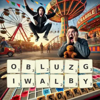 Kreatywna ilustracja do gry w Scrabble ze słowem OBLUZGIWALBY ułożonym z płytek na planszy.