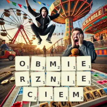 Kreatywna ilustracja do gry w Scrabble ze słowem OBMIERZNIECIEM ułożonym z płytek na planszy.