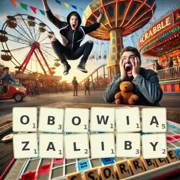 Kreatywna ilustracja do gry w Scrabble ze słowem OBOWIĄZALIBY ułożonym z płytek na planszy.