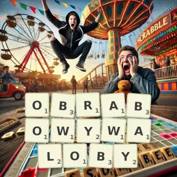 Kreatywna ilustracja do gry w Scrabble ze słowem OBRABOWYWALOBY ułożonym z płytek na planszy.
