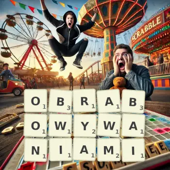 Kreatywna ilustracja do gry w Scrabble ze słowem OBRABOWYWANIAMI ułożonym z płytek na planszy.