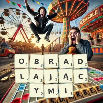 Kreatywna ilustracja do gry w Scrabble ze słowem OBRADLAJĄCYMI ułożonym z płytek na planszy.