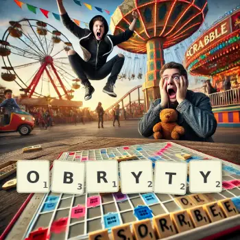 Kreatywna ilustracja do gry w Scrabble ze słowem OBRYTY ułożonym z płytek na planszy.