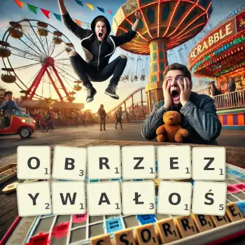 Kreatywna ilustracja do gry w Scrabble ze słowem OBRZEZYWAŁOŚ ułożonym z płytek na planszy.