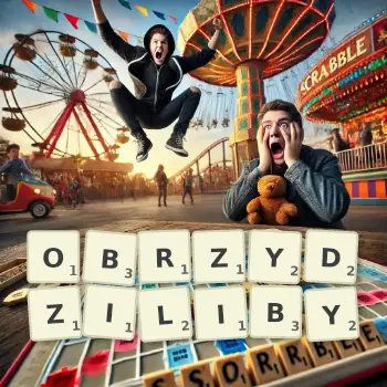 Kreatywna ilustracja do gry w Scrabble ze słowem OBRZYDZILIBY ułożonym z płytek na planszy.