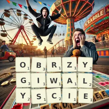 Kreatywna ilustracja do gry w Scrabble ze słowem OBRZYGIWALYSCIE ułożonym z płytek na planszy.
