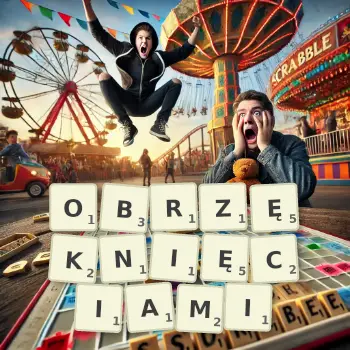 Kreatywna ilustracja do gry w Scrabble ze słowem OBRZĘKNIĘCIAMI ułożonym z płytek na planszy.