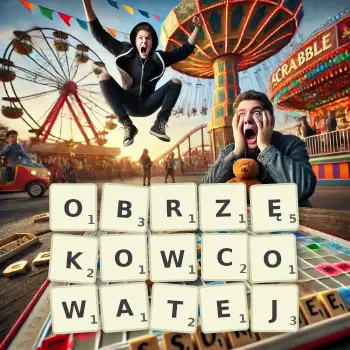 Kreatywna ilustracja do gry w Scrabble ze słowem OBRZĘKOWCOWATEJ ułożonym z płytek na planszy.