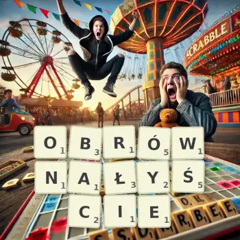 Kreatywna ilustracja do gry w Scrabble ze słowem OBRÓWNAŁYŚCIE ułożonym z płytek na planszy.