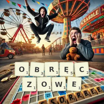 Kreatywna ilustracja do gry w Scrabble ze słowem OBRĘCZOWE ułożonym z płytek na planszy.