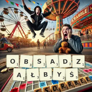 Kreatywna ilustracja do gry w Scrabble ze słowem OBSADZAŁBYŚ ułożonym z płytek na planszy.