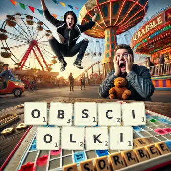 Kreatywna ilustracja do gry w Scrabble ze słowem OBSCIOLKI ułożonym z płytek na planszy.