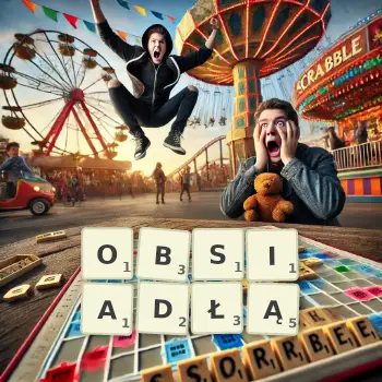 Kreatywna ilustracja do gry w Scrabble ze słowem OBSIADŁĄ ułożonym z płytek na planszy.