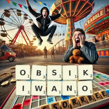 Kreatywna ilustracja do gry w Scrabble ze słowem OBSIKIWANO ułożonym z płytek na planszy.