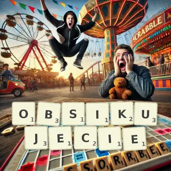 Kreatywna ilustracja do gry w Scrabble ze słowem OBSIKUJECIE ułożonym z płytek na planszy.