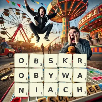 Kreatywna ilustracja do gry w Scrabble ze słowem OBSKROBYWANIACH ułożonym z płytek na planszy.