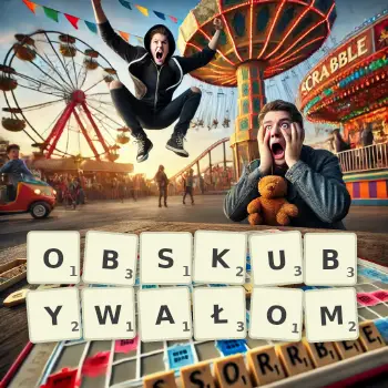 Kreatywna ilustracja do gry w Scrabble ze słowem OBSKUBYWAŁOM ułożonym z płytek na planszy.