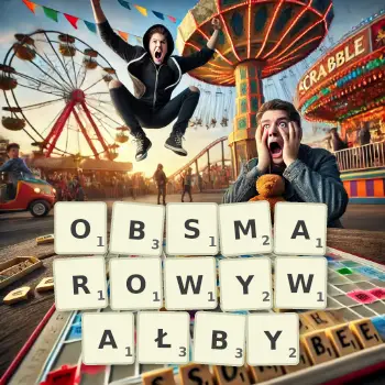 Kreatywna ilustracja do gry w Scrabble ze słowem OBSMAROWYWAŁBY ułożonym z płytek na planszy.