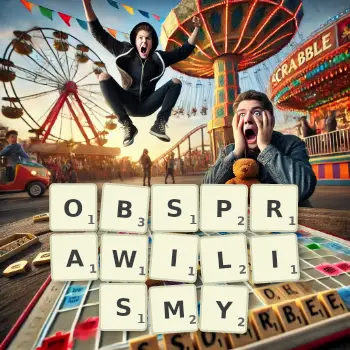 Kreatywna ilustracja do gry w Scrabble ze słowem OBSPRAWILISMY ułożonym z płytek na planszy.