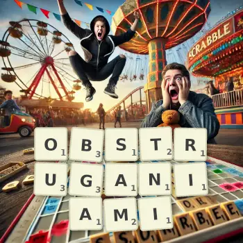 Kreatywna ilustracja do gry w Scrabble ze słowem OBSTRUGANIAMI ułożonym z płytek na planszy.