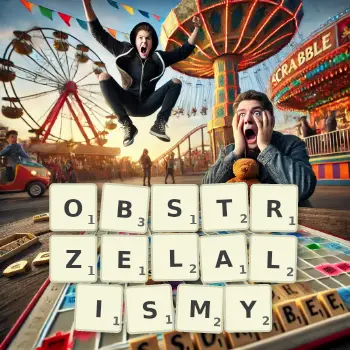 Kreatywna ilustracja do gry w Scrabble ze słowem OBSTRZELALISMY ułożonym z płytek na planszy.
