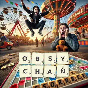 Kreatywna ilustracja do gry w Scrabble ze słowem OBSYCHAŃ ułożonym z płytek na planszy.