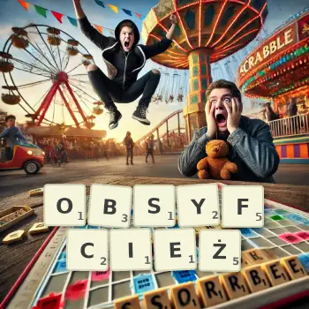 Kreatywna ilustracja do gry w Scrabble ze słowem OBSYFCIEŻ ułożonym z płytek na planszy.