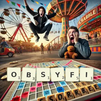 Kreatywna ilustracja do gry w Scrabble ze słowem OBSYFI ułożonym z płytek na planszy.