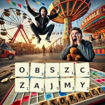Kreatywna ilustracja do gry w Scrabble ze słowem OBSZCZAJMY ułożonym z płytek na planszy.