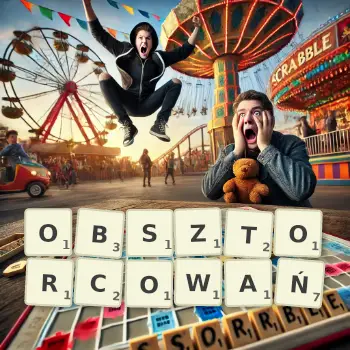 Kreatywna ilustracja do gry w Scrabble ze słowem OBSZTORCOWAŃ ułożonym z płytek na planszy.
