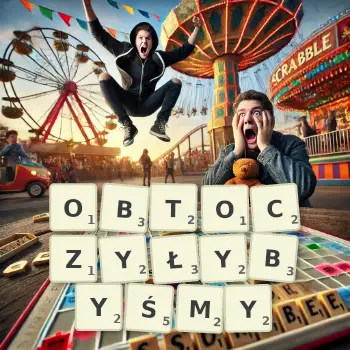 Kreatywna ilustracja do gry w Scrabble ze słowem OBTOCZYŁYBYŚMY ułożonym z płytek na planszy.